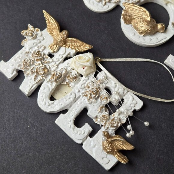 Vintage White Gold Christmas Word Ornaments Set Of 5 Love Joy Noel Doves Roses - Picture 2 of 12